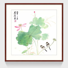 Traditional Chinese Style Wooden Framed Decorative Painting - Lotus & Birds Theme for Home Wall Art Decor