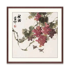 Chinese Framed Wall Art Autumn Rhyme Grape Birds for Home Office Decoration