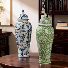 Chinese Blue and White Green Floral Bird Pattern Porcelain Jars Home Decor Accents