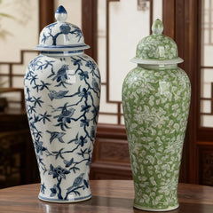 Chinese Blue and White Green Floral Bird Pattern Porcelain Jars Home Decor Accents