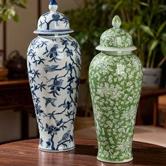 Chinese Blue and White Green Floral Bird Pattern Porcelain Jars Home Decor Accents