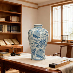 Chinese Blue and White Porcelain Meiping Vase with Floral Bird Motif for Home Decor
