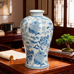 Chinese Blue and White Porcelain Meiping Vase with Floral Bird Motif for Home Decor