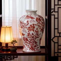 Chinese Porcelain Decorative Vase with Red Floral Bird Pattern 19cm W 31.5cm H Tabletop Ornament