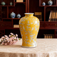 Chinese Blue and White Style Yellow Porcelain Vase with Floral Bird Pattern Home Decor