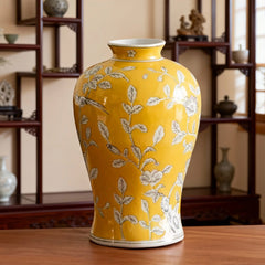 Chinese Blue and White Style Yellow Porcelain Vase with Floral Bird Pattern Home Decor