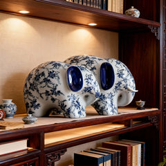 Set of 2 Chinese Blue and White Porcelain Elephant Figurines Decorative Ornaments