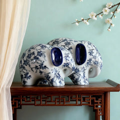 Set of 2 Chinese Blue and White Porcelain Elephant Figurines Decorative Ornaments