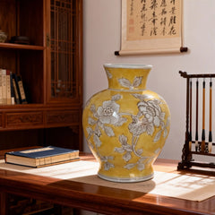 Traditional Chinese Yellow Glazed White Floral Vase Decorative Ornament