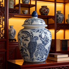 Chinese Blue & White Porcelain Lidded Decorative Jar, Floral Bird Motif Ornament