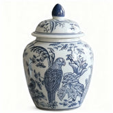 Chinese Blue & White Porcelain Lidded Decorative Jar, Floral Bird Motif Ornament