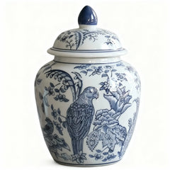 Chinese Blue & White Porcelain Lidded Decorative Jar, Floral Bird Motif Ornament