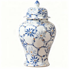 Blue and White Floral Porcelain Ginger Jar with Lid for Home Decor Accent