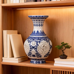 Hollowed-out blue and white porcelain vase with the character "Fu" for home decoration