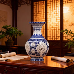 Hollowed-out blue and white porcelain vase with the character "Fu" for home decoration