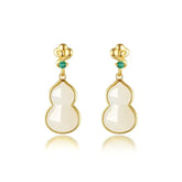 Baoyilong Chinese Hetian Jade Gourd Earrings National Trend with Emerald Accent