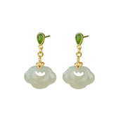 Women's Chinese Hetian Jade Ruyi Peace Lock Earrings Traditional Elegant Design with Gold plated Accent