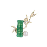 Green Agate & Pearl Chinese Bamboo Lapel Brooch, Upward Growth Design