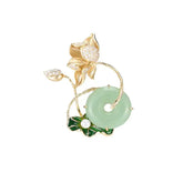 Chinese Style Vintage Matte Gold Lotus & Lotus Leaf Chalcedony Peace Buckle Brooch