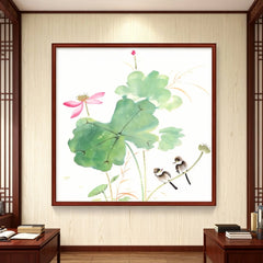Traditional Chinese Style Wooden Framed Decorative Painting - Lotus & Birds Theme for Home Wall Art Decor