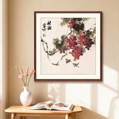 Chinese Framed Wall Art Autumn Rhyme Grape Birds for Home Office Decoration