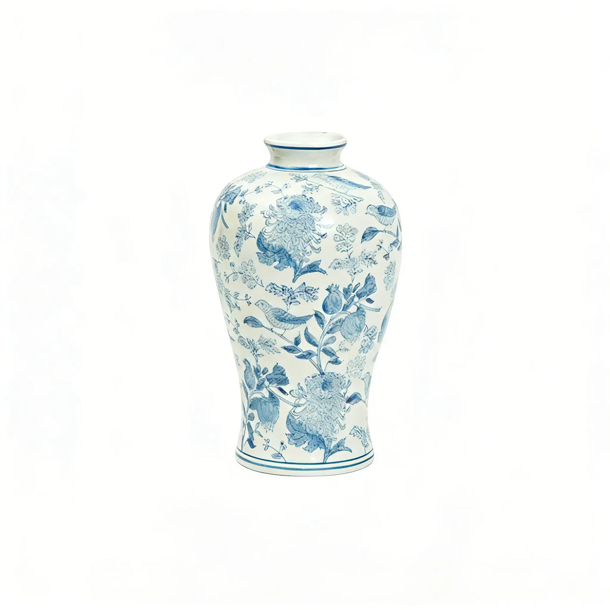 Chinese Blue and White Porcelain Meiping Vase with Floral Bird Motif for Home Decor