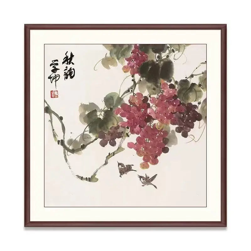 Chinese Framed Wall Art Autumn Rhyme Grape Birds for Home Office Decoration