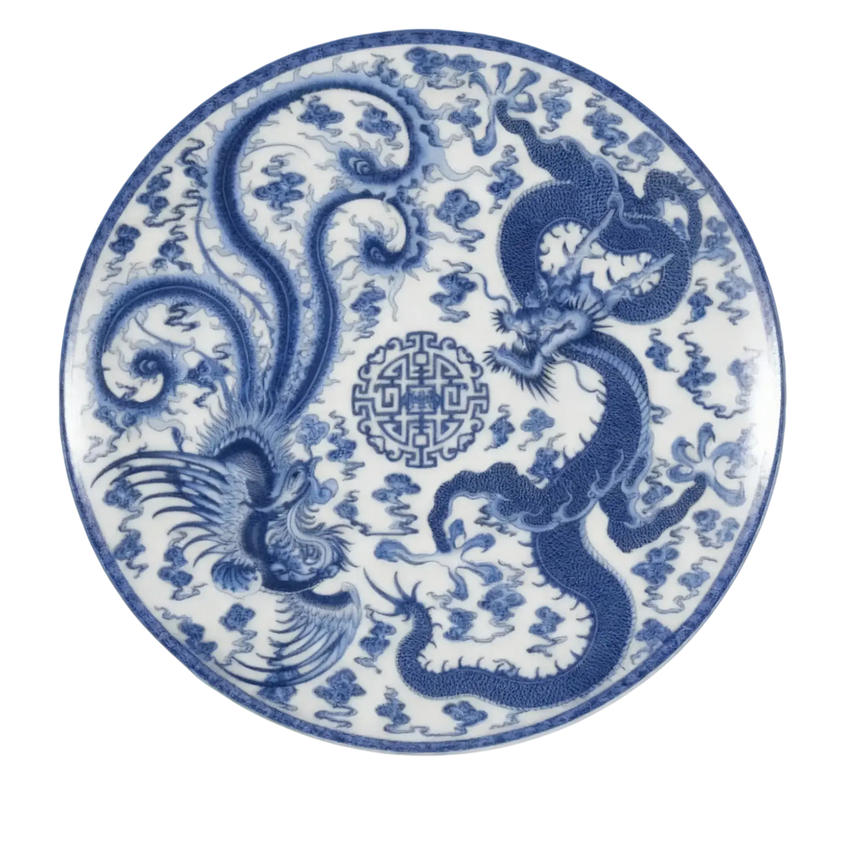 Chinese Blue and White Porcelain Dragon Phoenix Decorative Plate Ornament 26cm Diameter Home Decoration