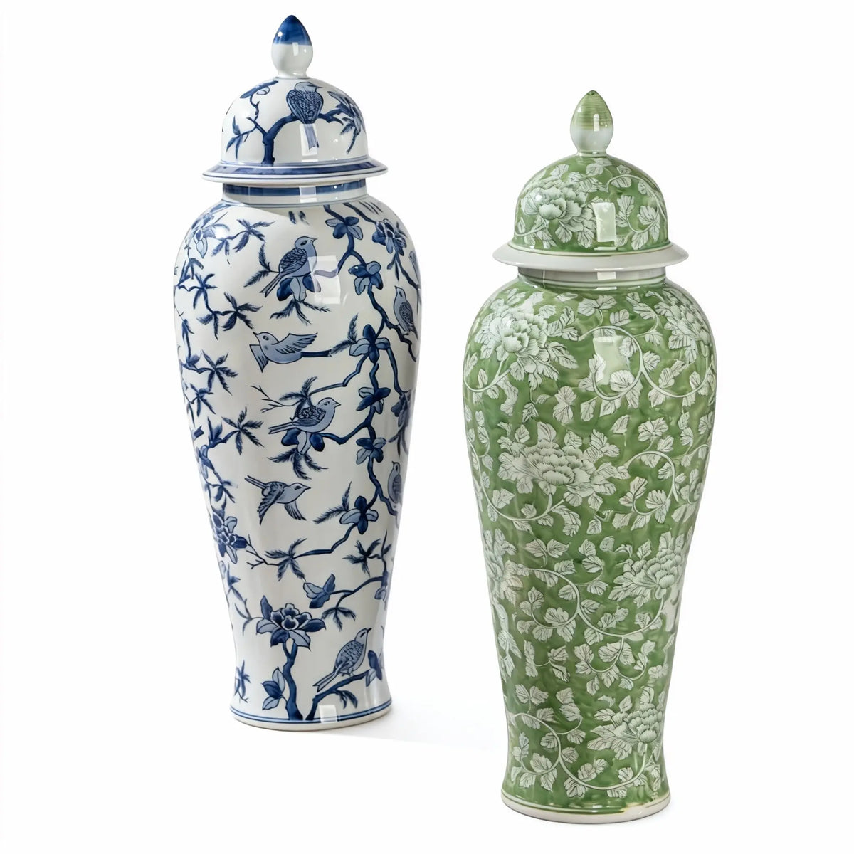 Chinese Blue and White Green Floral Bird Pattern Porcelain Jars Home Decor Accents