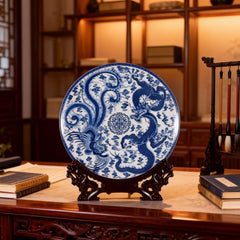 Chinese Blue and White Porcelain Dragon Phoenix Decorative Plate Ornament 26cm Diameter Home Decoration