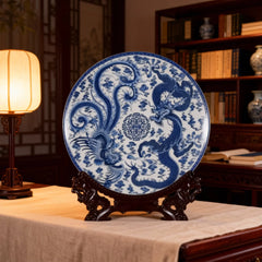 Chinese Blue and White Porcelain Dragon Phoenix Decorative Plate Ornament 26cm Diameter Home Decoration