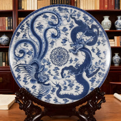 Chinese Blue and White Porcelain Dragon Phoenix Decorative Plate Ornament 26cm Diameter Home Decoration