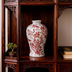 Chinese Porcelain Decorative Vase with Red Floral Bird Pattern 19cm W 31.5cm H Tabletop Ornament