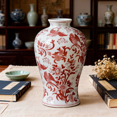 Chinese Porcelain Decorative Vase with Red Floral Bird Pattern 19cm W 31.5cm H Tabletop Ornament