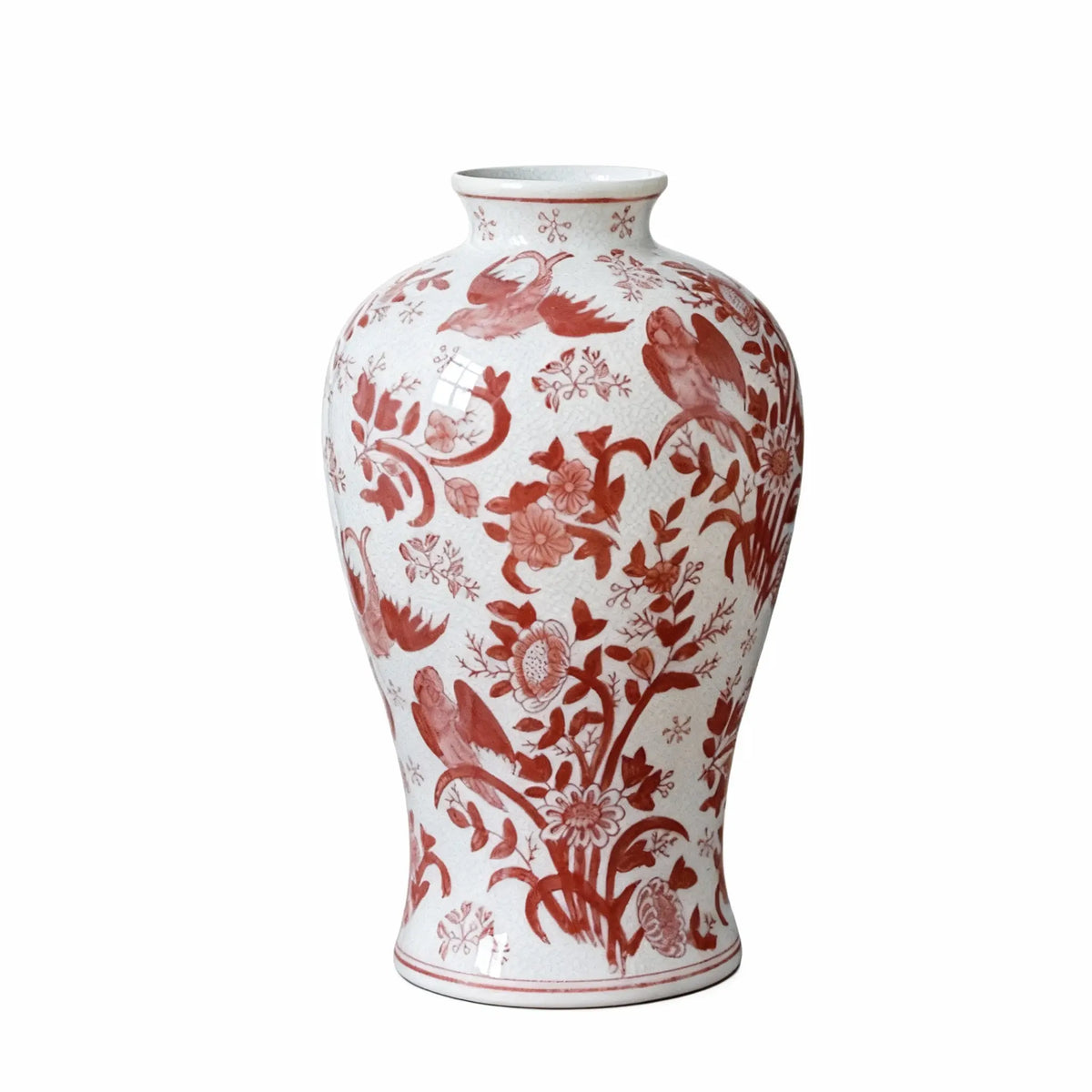 Chinese Porcelain Decorative Vase with Red Floral Bird Pattern 19cm W 31.5cm H Tabletop Ornament