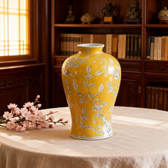 Chinese Blue and White Style Yellow Porcelain Vase with Floral Bird Pattern Home Decor