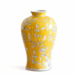Chinese Blue and White Style Yellow Porcelain Vase with Floral Bird Pattern Home Decor