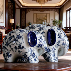 Set of 2 Chinese Blue and White Porcelain Elephant Figurines Decorative Ornaments