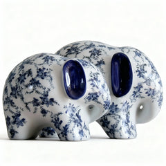 Set of 2 Chinese Blue and White Porcelain Elephant Figurines Decorative Ornaments