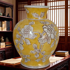 Traditional Chinese Yellow Glazed White Floral Vase Decorative Ornament
