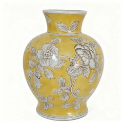 Traditional Chinese Yellow Glazed White Floral Vase Decorative Ornament