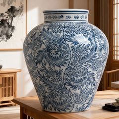 Blue and White Porcelain Vase with Intricate Floral Design, Home Decor Accent