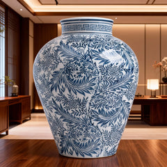 Blue and White Porcelain Vase with Intricate Floral Design, Home Decor Accent