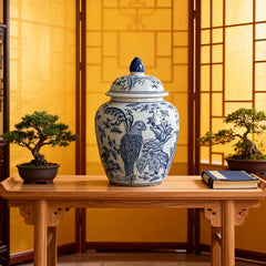 Chinese Blue & White Porcelain Lidded Decorative Jar, Floral Bird Motif Ornament
