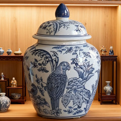 Chinese Blue & White Porcelain Lidded Decorative Jar, Floral Bird Motif Ornament