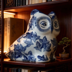 Chinese Blue and White Porcelain Owl Figurine Home Decor Artistic Ornament for Desktop Shelf Display