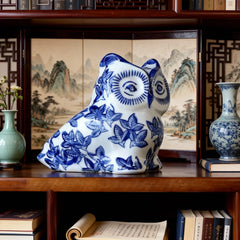 Chinese Blue and White Porcelain Owl Figurine Home Decor Artistic Ornament for Desktop Shelf Display