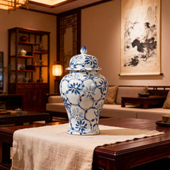 Blue and White Floral Porcelain Ginger Jar with Lid for Home Decor Accent