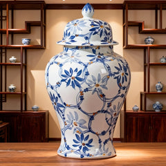 Blue and White Floral Porcelain Ginger Jar with Lid for Home Decor Accent