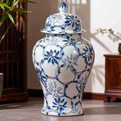 Blue and White Floral Porcelain Ginger Jar with Lid for Home Decor Accent